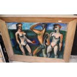 An oil on canvas of three stylised nudes,