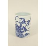 A Chinese blue and white bird and floral brush pot