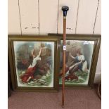 A walking cane with perspex donkey grip plus two religious prints