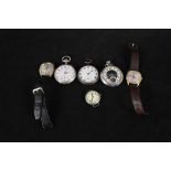 A gents French silver cased pocket watch plus two others and three wristwatches