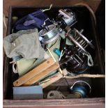 A box of vintage fishing gear including Grice & Young, Dux, Elo, Nikko, Columbian, Penn,