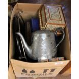 A silver plated tea set, boxed cutlery,