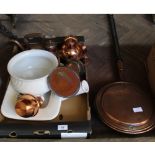 A Victorian copper warming pan, copper kettle,