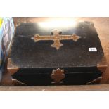 A Victorian box with applied cross containing boxed Dunlop tennis balls and sundries