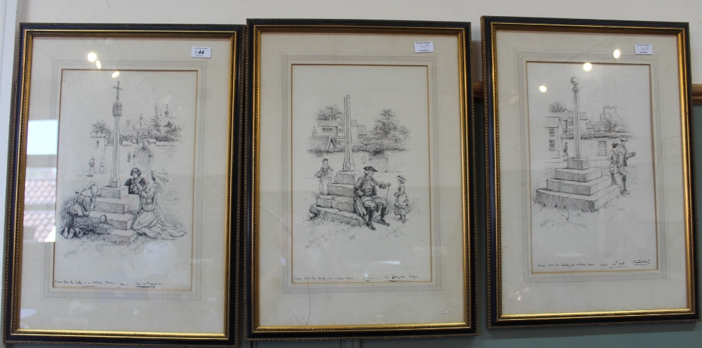 Paul Hardy three pen and ink drawings, The Village Cross in three time periods,