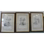 Paul Hardy three pen and ink drawings, The Village Cross in three time periods,