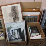 Various framed and unframed pictures plus a box of books