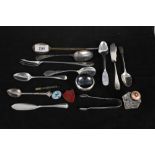 A selection of silver cutlery, a salt, horn spoon,