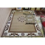 A brown Persian pattern rug plus a wall hanging