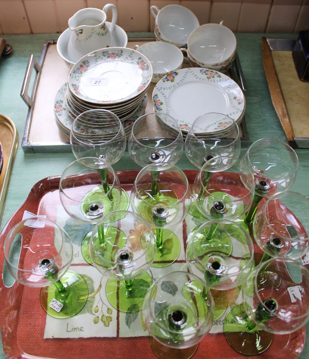 A Japanese eggshell part tea set plus green stem wine glasses (two trays)