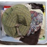 Various silk scarves plus linen and two deer stalker hats