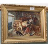 A 19th Century on Academy board oil painting 'Chaos in the Cowshed' depicting two bulls,