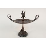 A 19th Century bronze tazza with bird of prey finial over birds and animals