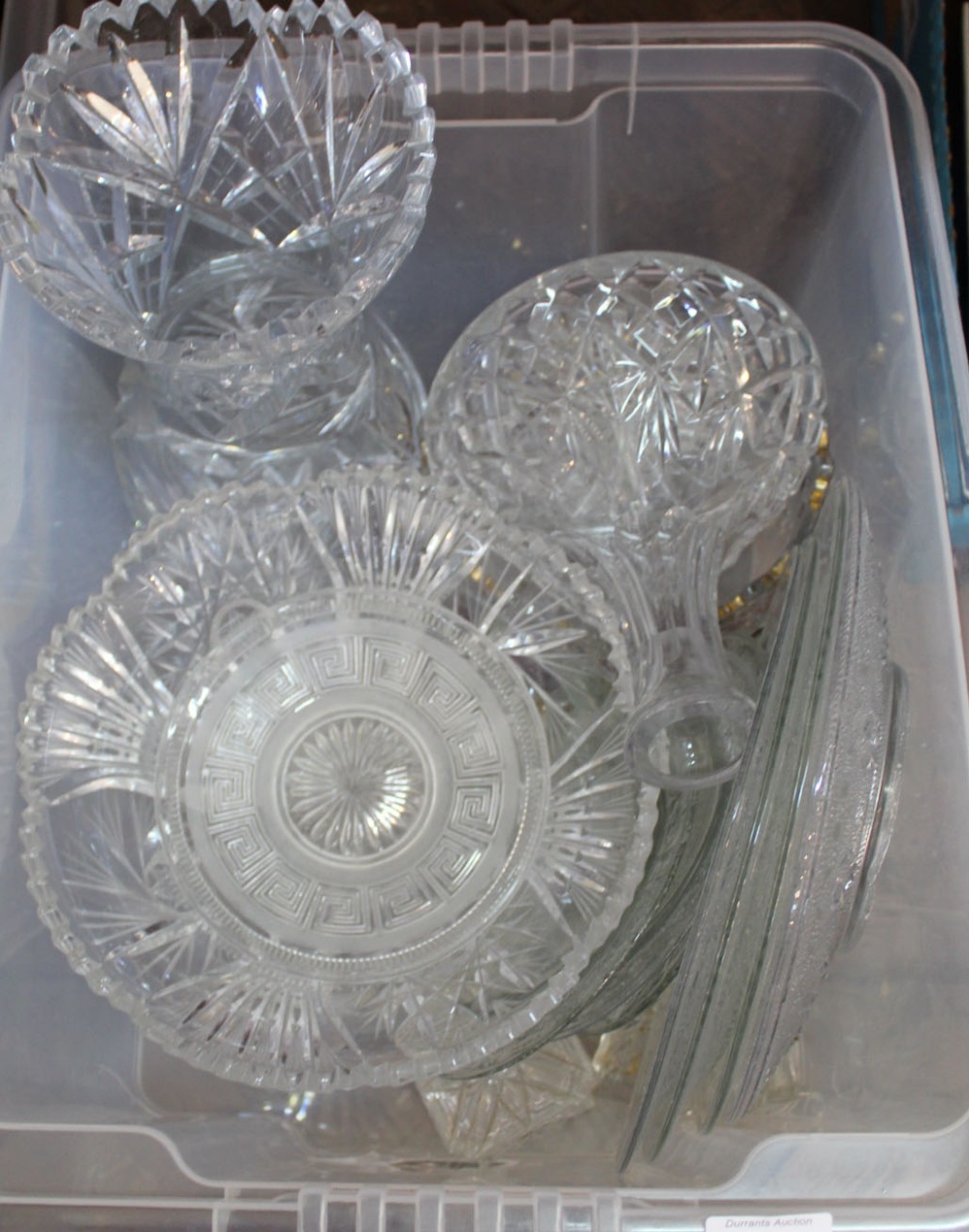 A heavy cut glass vase and bowl plus other glassware