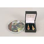 A pair of 9ct gold white stone set drop earrings plus a Robin Hood glass paperweight