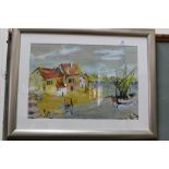 A watercolour of a fishing village scene, signed Bellany lower right,