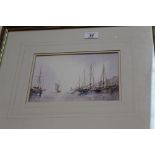 Alan Stark watercolour of sailing ships in harbour,