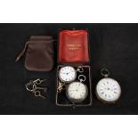 Two lady's silver fob watches and a brass cased Tell Best Centre Seconds Chronograph pocket watch