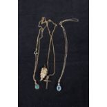A 9ct gold cross on chain, a 9ct gold aquamarine and pearl set pendant on chain,