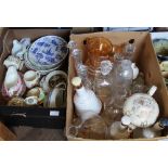 Two boxes of china and glass to include candlesticks, Wade bells,