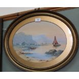 A Lennie oval watercolour of a continental coastal scene,