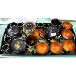 A Japanese black lacquer and gilt floral tea set and tray plus a part Greek coffee set