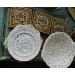 A Davenport green floral part comport set plus six Minton and Hollings floral tiles