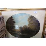 An oval oil on board of a woodland scene with horse and figures,