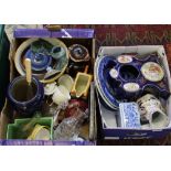 A pottery clock case plus other glass and china (two boxes)