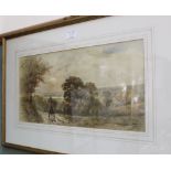 A beach scene watercolour with shell fisherman plus one other of a country road with horse and cart