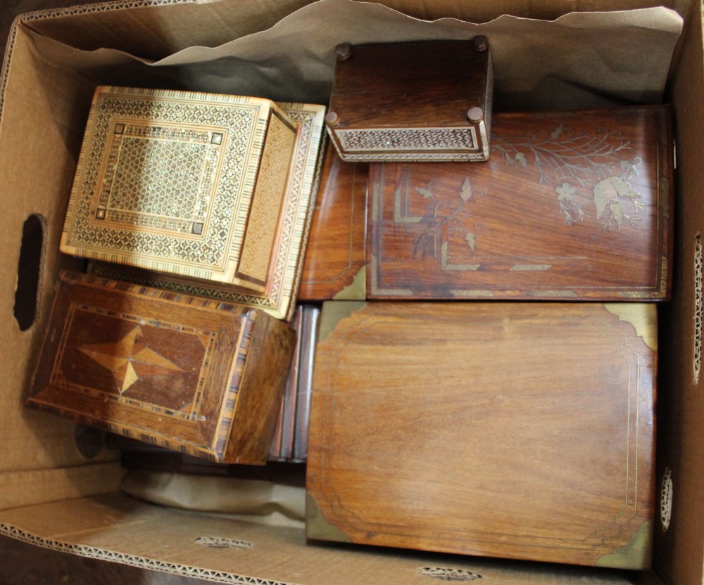 Seven various brass and other inlaid boxes including two folding cigarette boxes