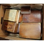 Seven various brass and other inlaid boxes including two folding cigarette boxes