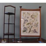 A folding oak cake stand and a crewel embroidery decorated fire screen