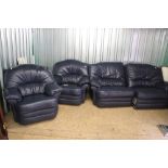 A blue leather three piece reclining suite