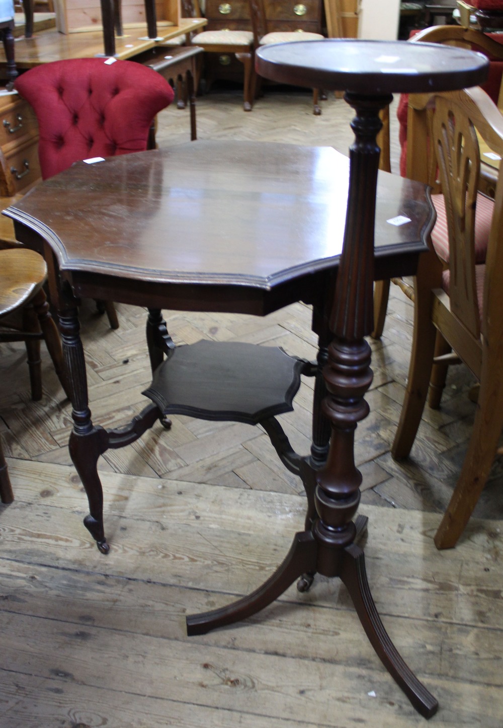 An Edwardian mahogany occasional table and a mahogany torchere