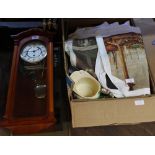 Two modern wall clocks, decorative linen plus a large quantity of Royal commemorative china,
