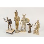Brass and metal figures, Viking, gladiator,