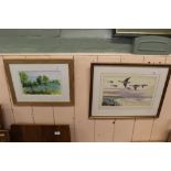 Kenneth Tuck watercolour of wildfowl in flight plus one other