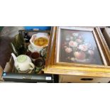 Various china and glass plus a still life oil