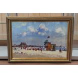 Geoffrey Chatten oil on board of Gorleston beach with Punch and Judy,