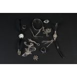 A mixed silver jewellery including stone set rings, brooches,