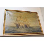 Unsigned oil on canvas of two war ships in battle,