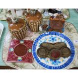 A pottery tile marked Bellis, School of Art Leeds, a Quimper oyster dish,