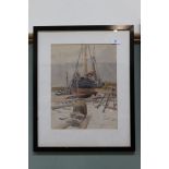 Rowland Fisher watercolour of a beached sailing vessel,