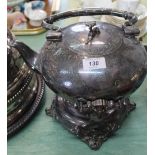 A Victorian silver plated spirited spirit kettle with foliate engraving and greyhound finial