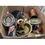 A Victorian copper and brass spirit kettle (no burner) plus silver plate and metalware including a