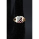 A gents 9ct gold signet ring set with diamonds and rubies,