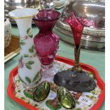 A Victorian cranberry glass epergne on metal stand with enamel butterfly decoration,