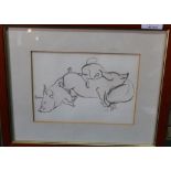 Two Tony Hart watercolours, Pigs and Hen,