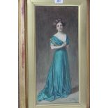 Alex Kirk 1906 watercolour of a standing lady in a green gown,